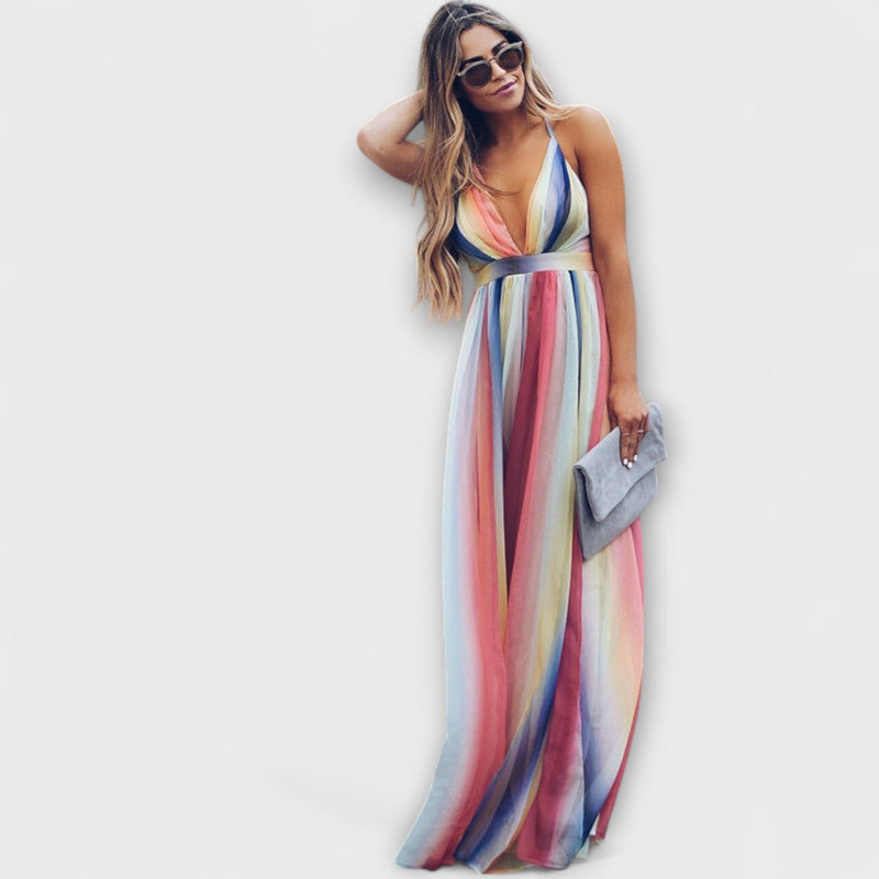 Vestido de dama a rayas multicolor con escote en V