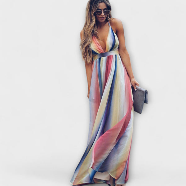 Vestido de dama a rayas multicolor con escote en V