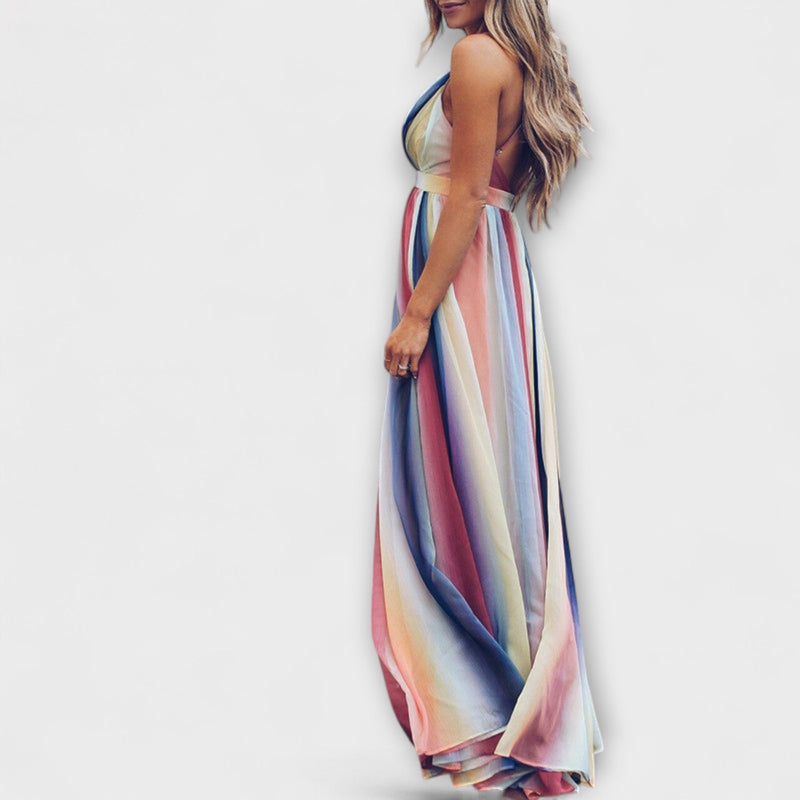 Vestido de dama a rayas multicolor con escote en V
