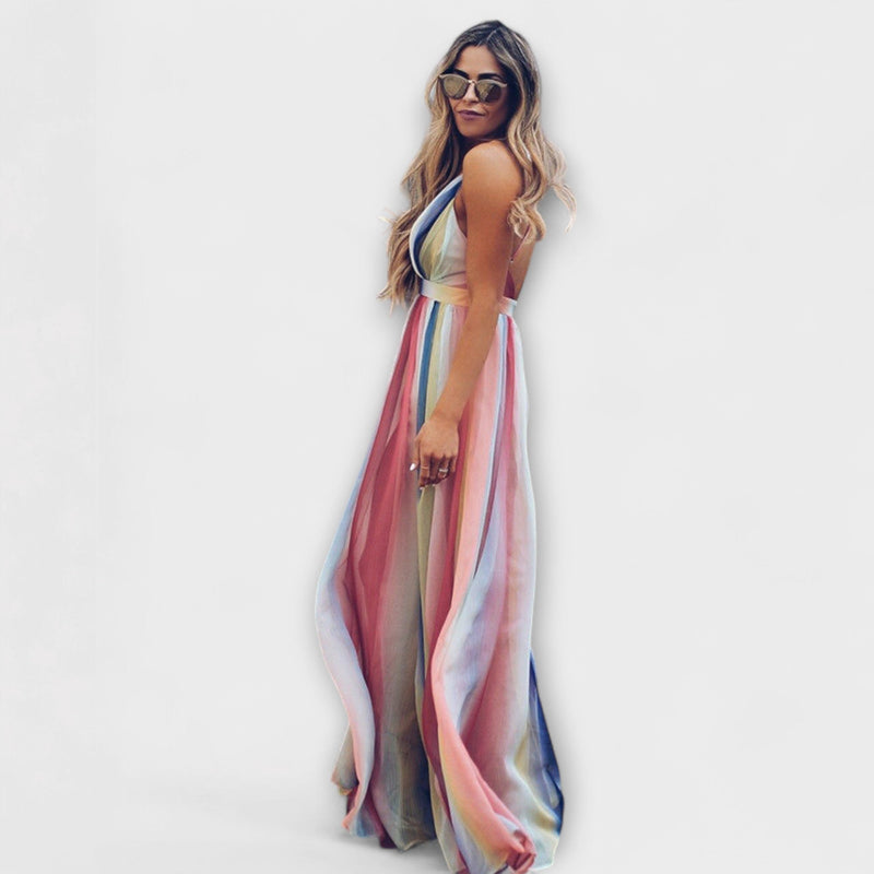 Vestido de dama a rayas multicolor con escote en V
