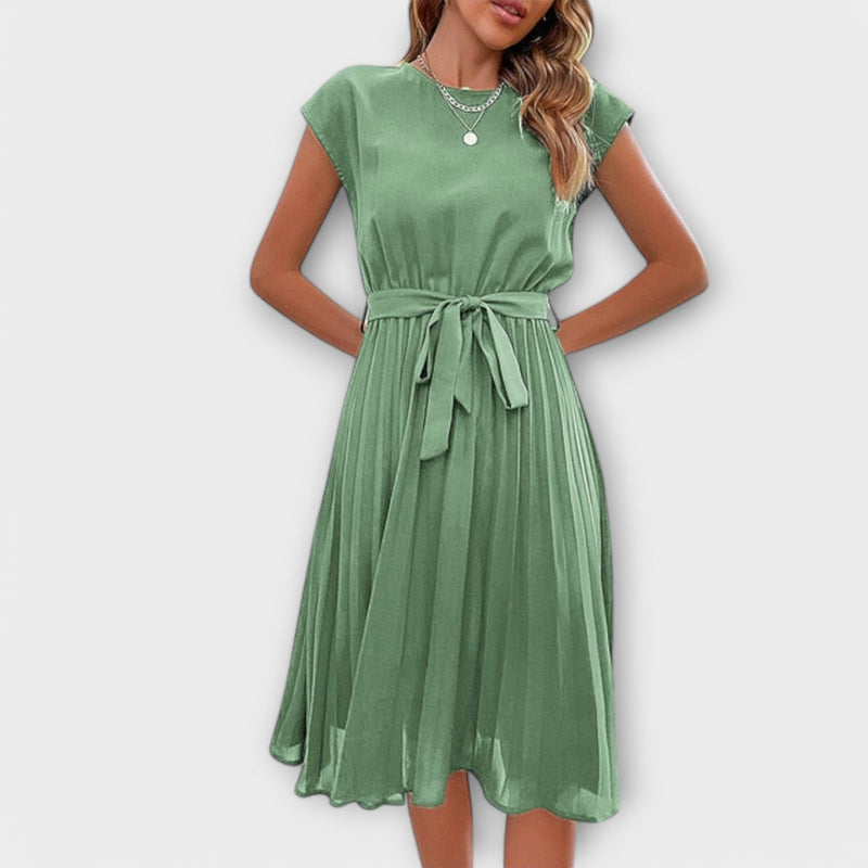 Claire - Vestido midi casual de manga corta y plisado