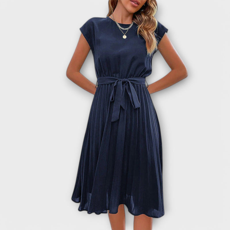 Claire - Vestido midi casual de manga corta y plisado