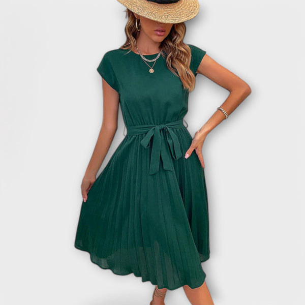 Claire - Vestido midi casual de manga corta y plisado