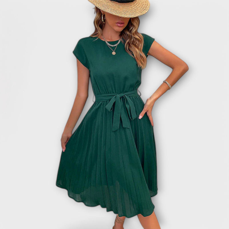 Claire - Vestido midi casual de manga corta y plisado