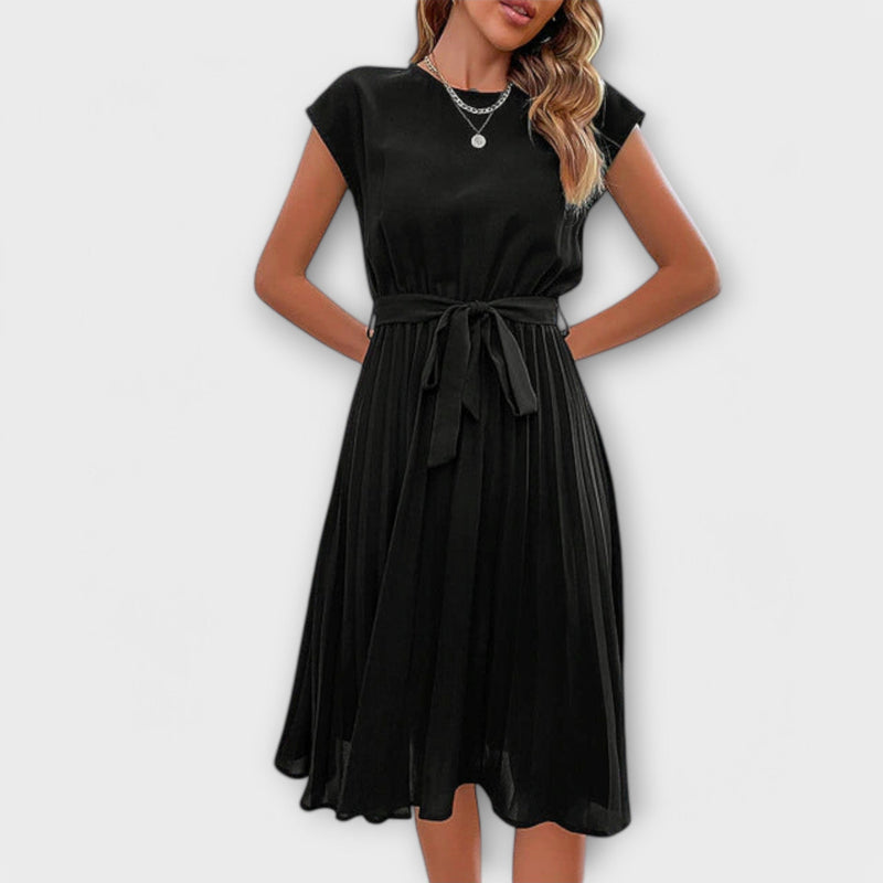 Claire - Vestido midi casual de manga corta y plisado