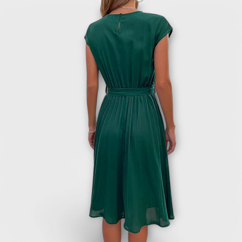 Claire - Vestido midi casual de manga corta y plisado
