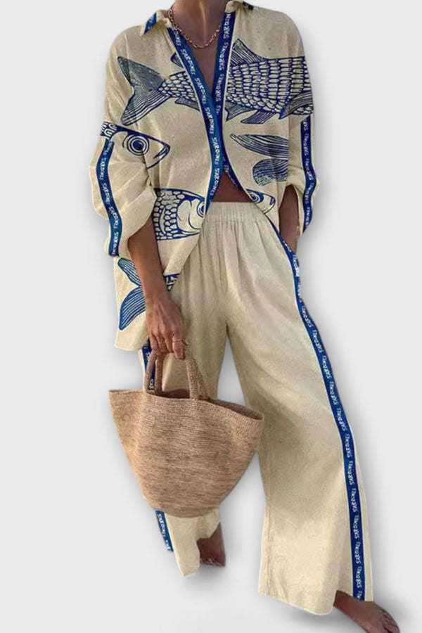 Yazette – Look de lino con estampado de peces