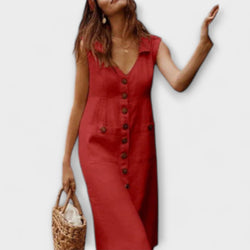 Nora – Vestido de línea A de algodón y lino con cuello solapa