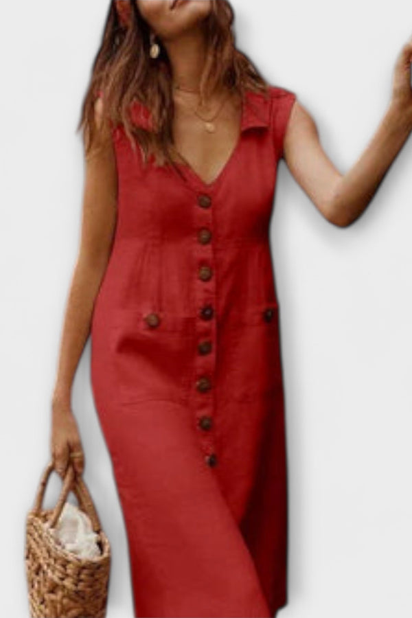 Nora – Vestido de línea A de algodón y lino con cuello solapa