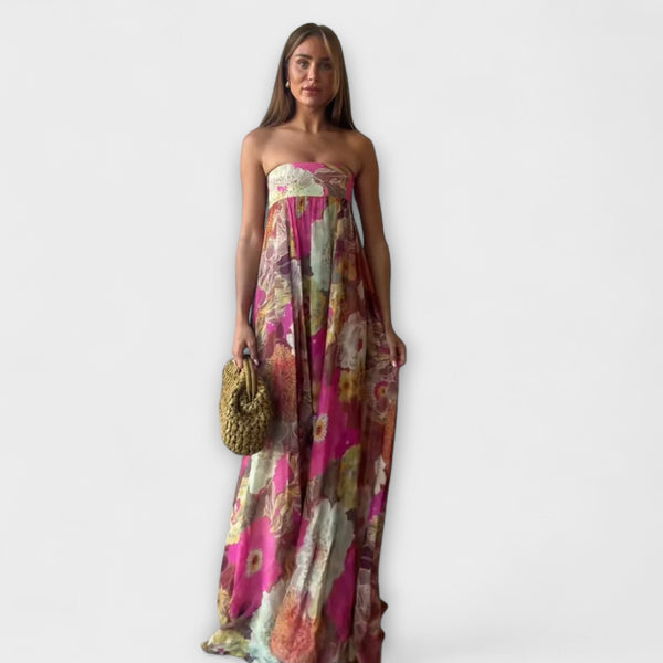 Elegante Vestido Maxi Plisado Sin Tirantes