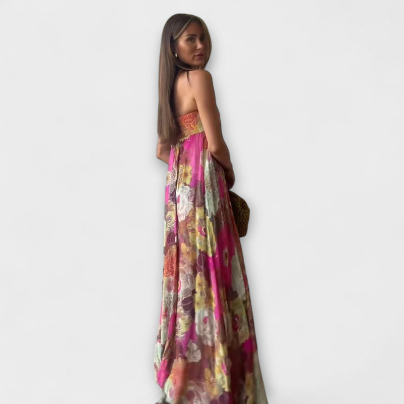 Elegante Vestido Maxi Plisado Sin Tirantes