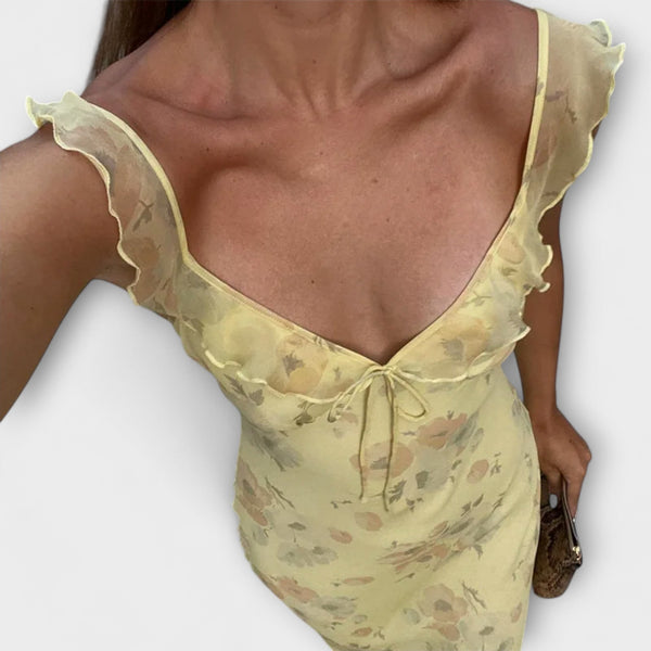 Vestido Maxi Con Escote en Plunge de Estampado Floral Criptográfico
