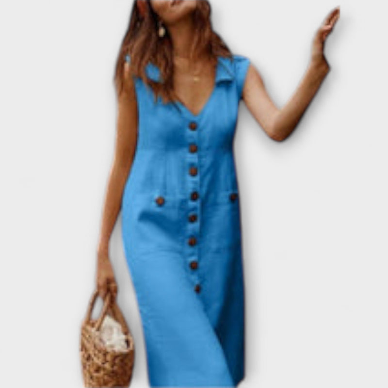 Nora – Vestido de línea A de algodón y lino con cuello solapa