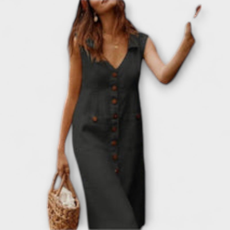 Nora – Vestido de línea A de algodón y lino con cuello solapa