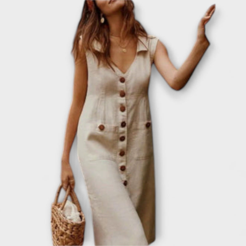 Nora – Vestido de línea A de algodón y lino con cuello solapa