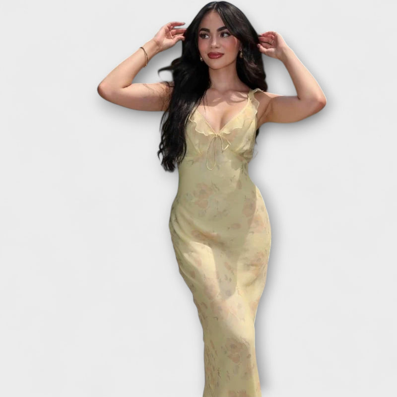 Vestido Maxi Con Escote en Plunge de Estampado Floral Criptográfico