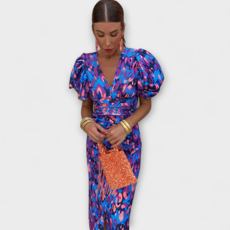 Simona - Vestido elegante con escote en V y mangas abullonadas