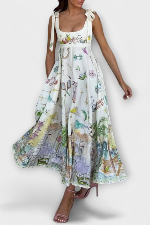 Juliette - Vestido midi de lino pintado con cinta de ballet