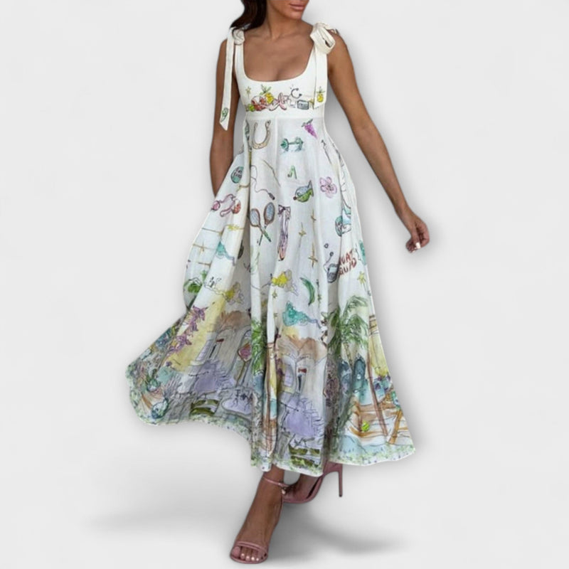 Juliette - Vestido midi de lino pintado con cinta de ballet