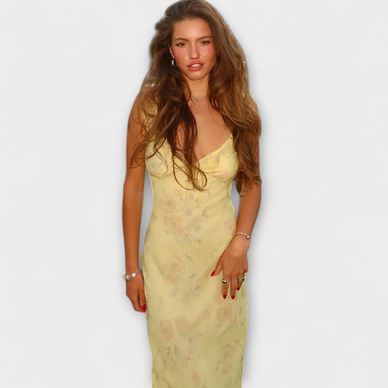 Vestido Maxi Con Escote en Plunge de Estampado Floral Criptográfico