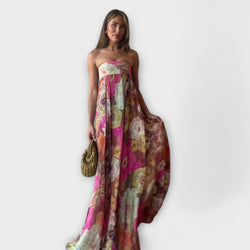 Elegante Vestido Maxi Plisado Sin Tirantes