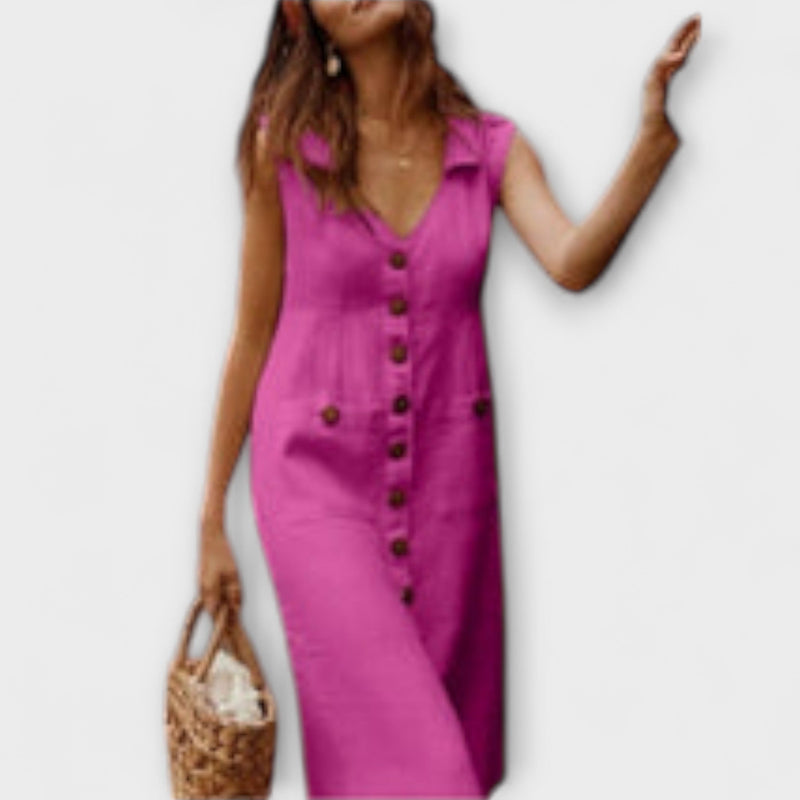 Nora – Vestido de línea A de algodón y lino con cuello solapa