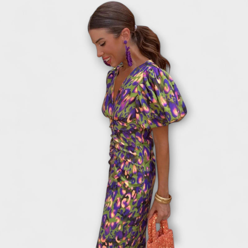 Simona - Vestido elegante con escote en V y mangas abullonadas