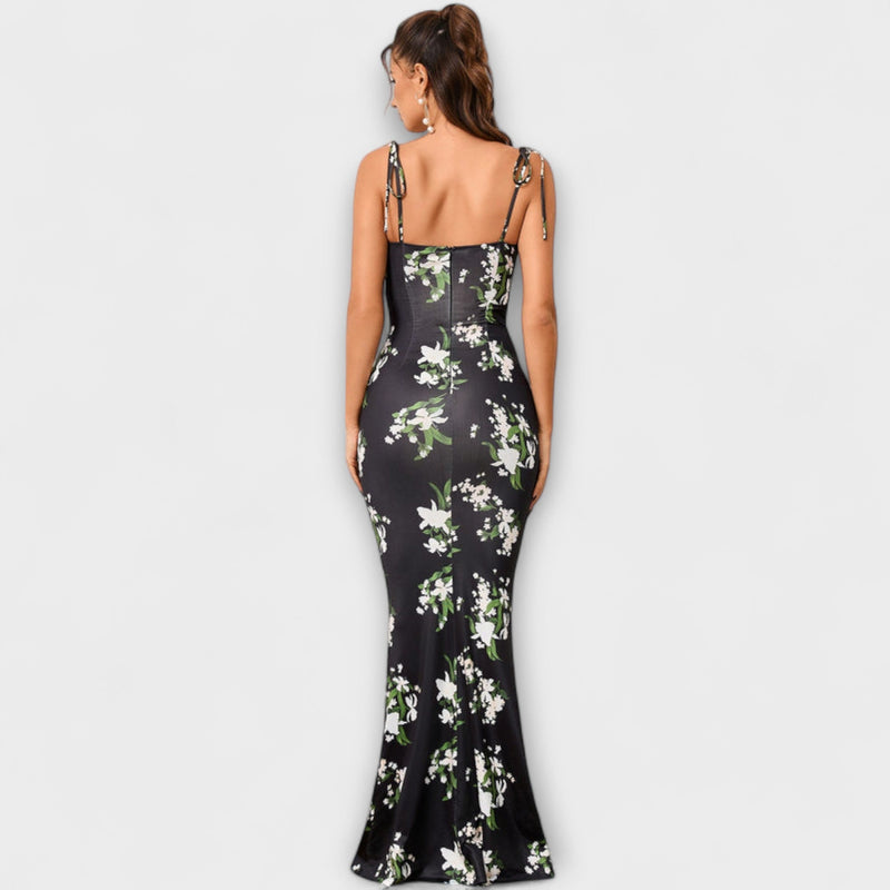 Thalia - Vestido de Prom con Estampado Floral y Tirantes Atados