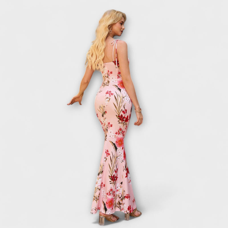 Thalia - Vestido de Prom con Estampado Floral y Tirantes Atados