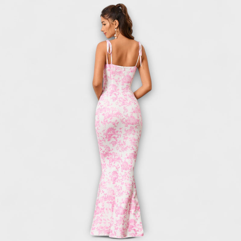 Thalia - Vestido de Prom con Estampado Floral y Tirantes Atados