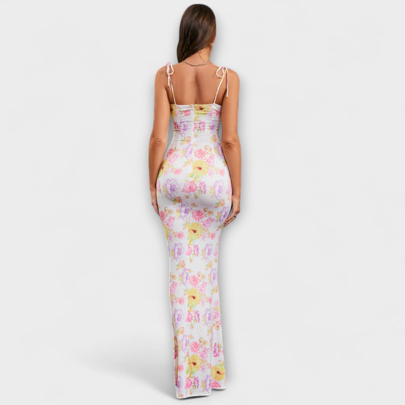 Thalia - Vestido de Prom con Estampado Floral y Tirantes Atados