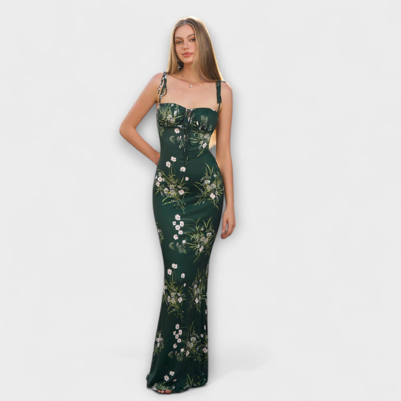 Thalia - Vestido de Prom con Estampado Floral y Tirantes Atados