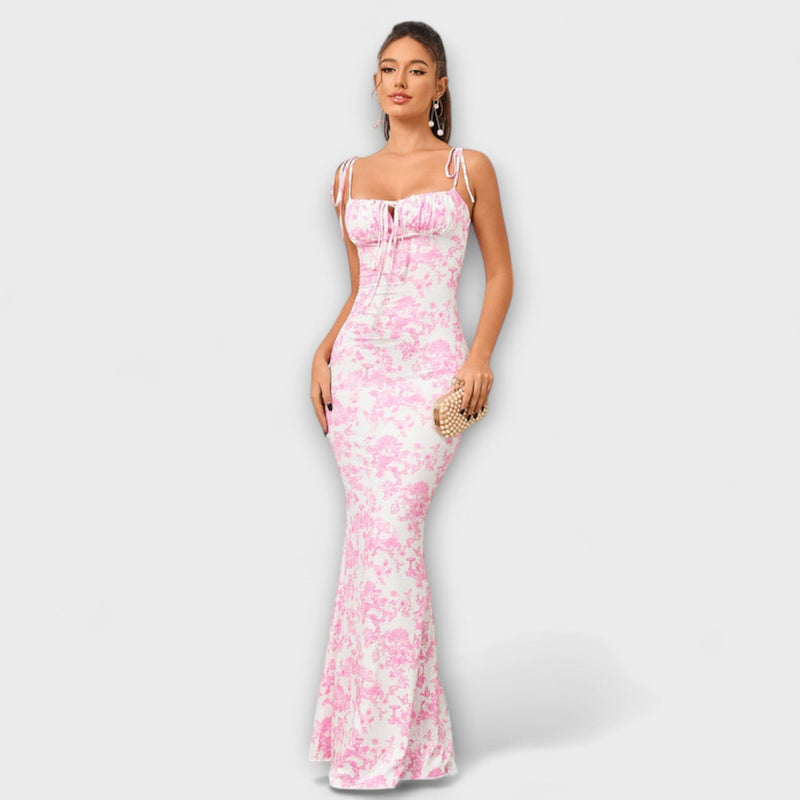 Thalia - Vestido de Prom con Estampado Floral y Tirantes Atados