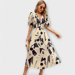 Vestido Maxi Abstracto con Mangas Abullonadas