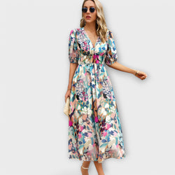 Vestido Maxi Abstracto con Mangas Abullonadas