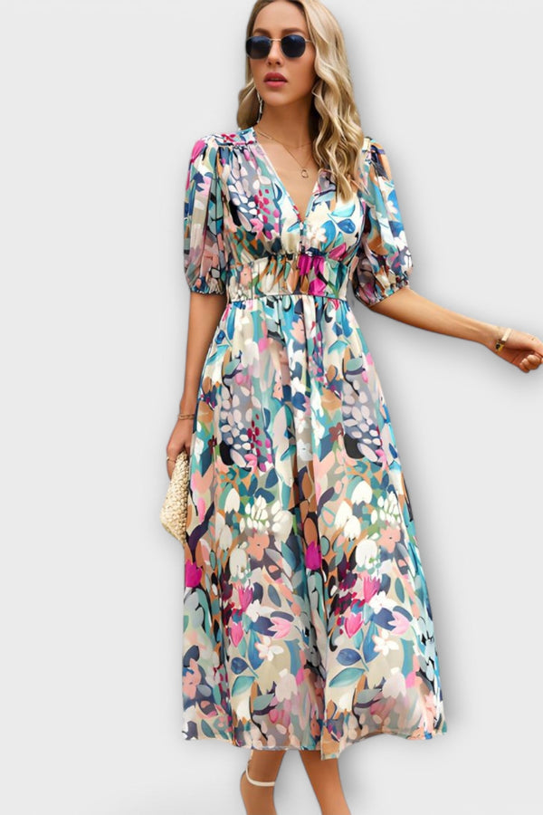 Vestido Maxi Abstracto con Mangas Abullonadas