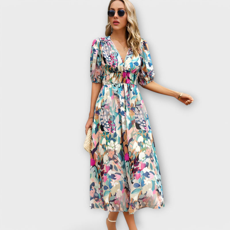 Vestido Maxi Abstracto con Mangas Abullonadas