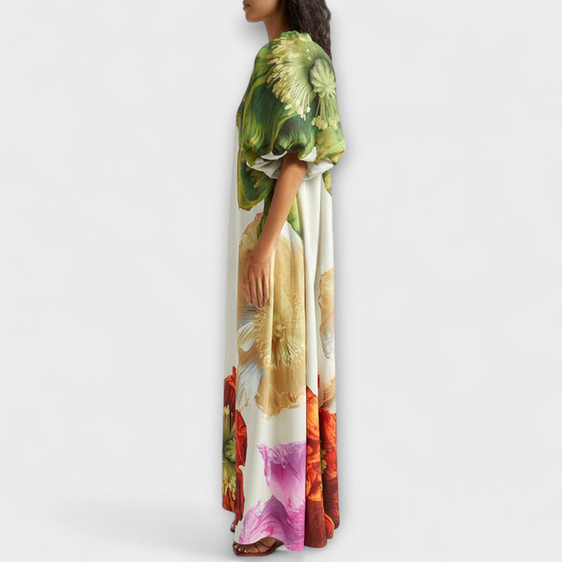 Skylar - Vestido maxi con estampado floral, escote asimétrico y mangas abullonadas