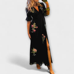 Beatrice - Elegante vestido azul marino con bordado floral