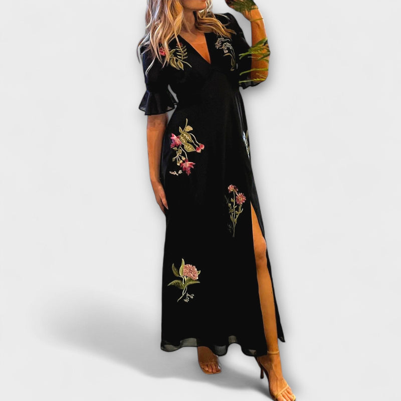 Beatrice - Elegante vestido azul marino con bordado floral