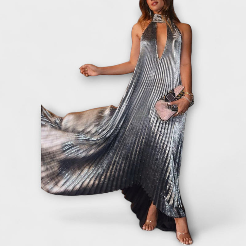 Calliope - Vestido Maxilargo A-Line Metálico con Pliegues
