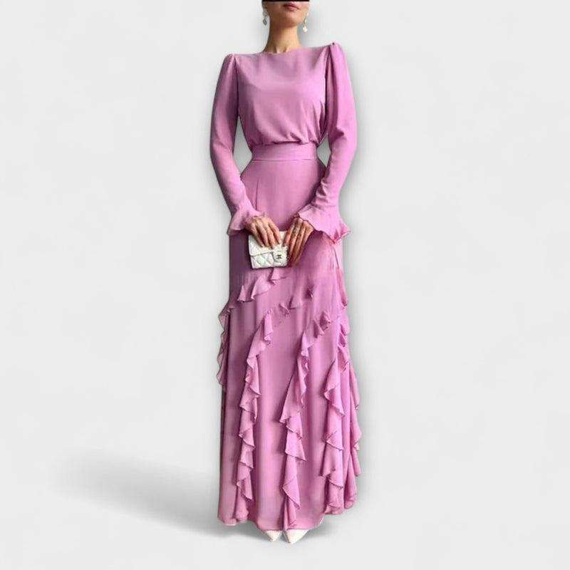 Fallon - Vestido largo de corte slim fit con volantes tridimensionales