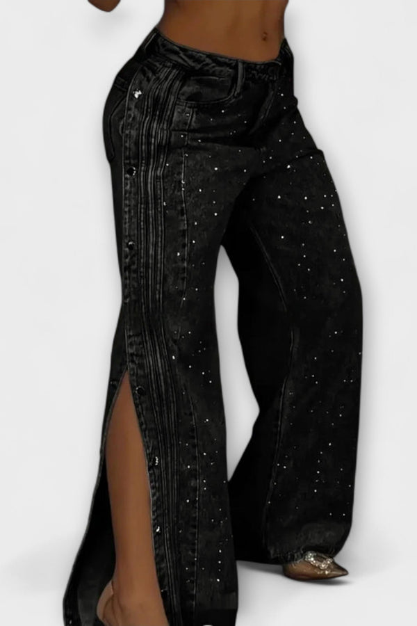 Nola - Jeans de tiro alto adornados con strass y botones laterales