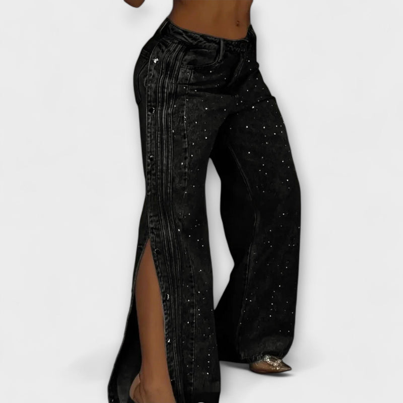 Nola - Jeans de tiro alto adornados con strass y botones laterales