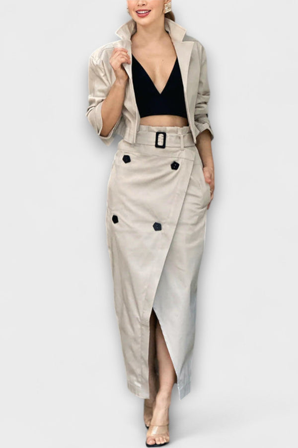Lyra - Elegante chaqueta midi con falda y bolsillos