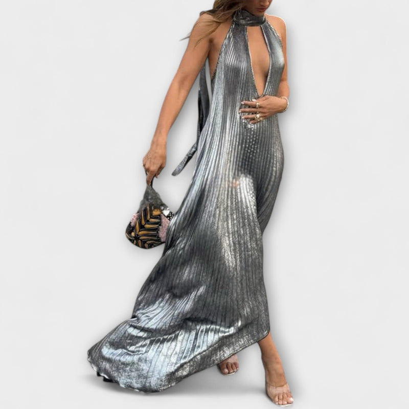 Calliope - Vestido Maxilargo A-Line Metálico con Pliegues