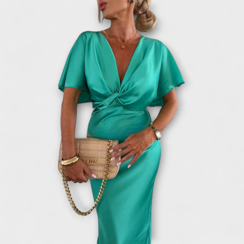 Sable - Vestido Maxi Slim Fit de Satén con Escote en V y Nudo Cruzado
