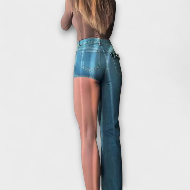 Astra - Pantalones cortos de denim asimétricos y a la moda con un tirante