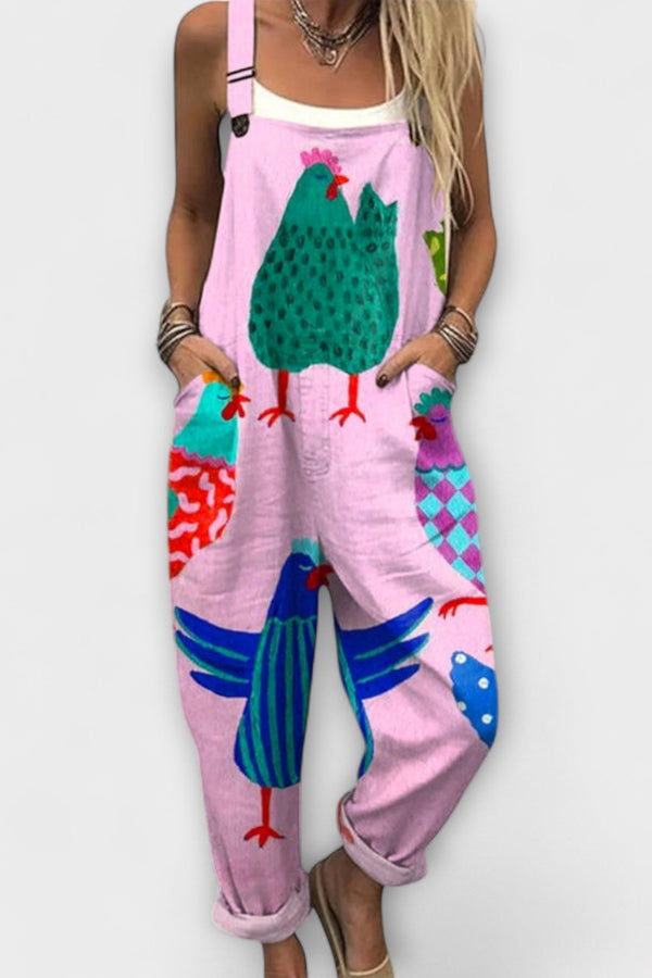 Birdie - Pantalón de tirantes con gallinas y aves juguetonas