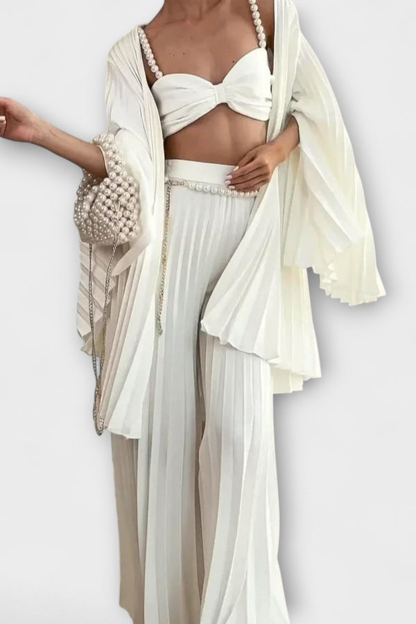 Evangeline - Blusa blanca con pliegues, pantalón ancho y cárdigan